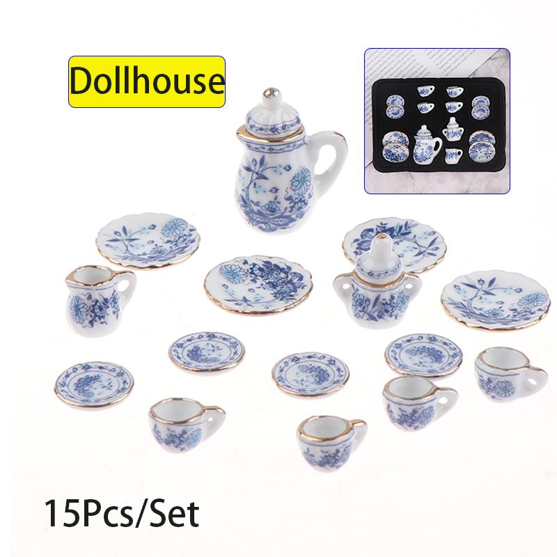 15Pcs 1:12 Dollhouse Miniature Simulation Tableware Porcelain Ceramic Tea Cup Set Doll House Accessories
