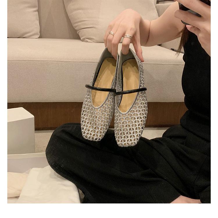 Sheepskin Version~ French Square Head Hollow Mesh Leather Sandals Women's New Soft-soled Woven Sandals Mary Jane Single Shoes