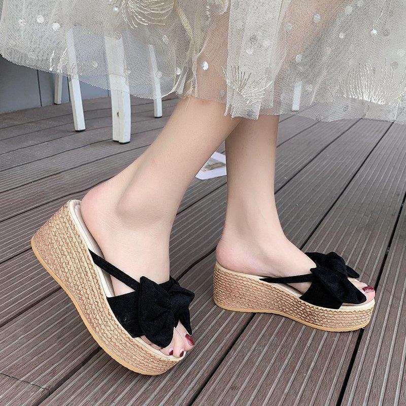 Summer new bow thick bottom slope heel cool slippers wear one-character bow slippers