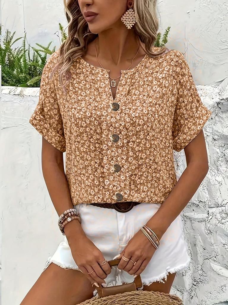 2025 Elegant Floral Button Short Sleeve Pullover T-shirt