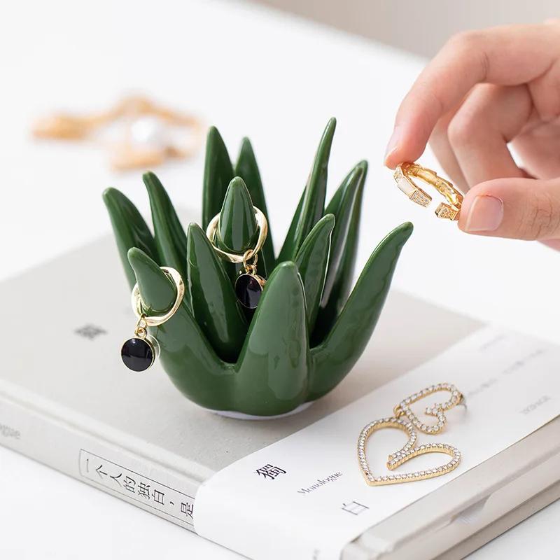 Nordic Ceramic Cactus Aloe Vera Ring Jewelry Earrings Home Study Office Desk Decorations Crafts