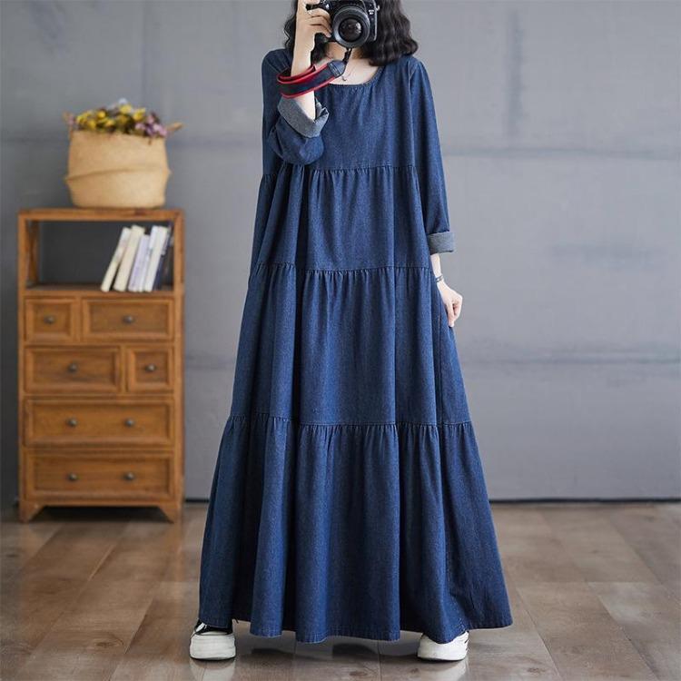 

Autumn Vintage Blue Denim Long Sleeve Dress Plus Size Women Casual Loose Oversized Basic Dress L синий