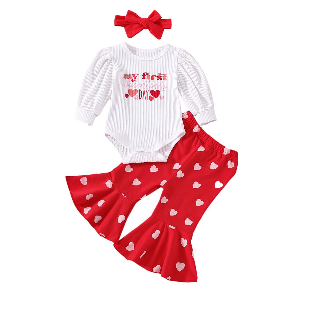 Baby Girls Autumn Outfit Sets White Long Sleeve Letter Print Romper + Heart Print Flared Pants + Headband
