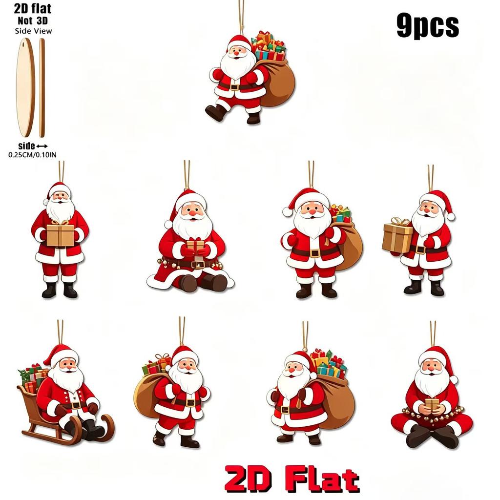 Wooden Santa Claus Ornaments with Gift Christmas Tree Hanging Decorations 9 or 18 Piece Set