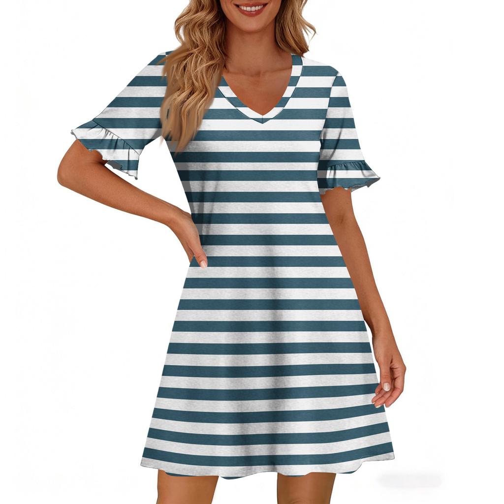 Damen A-Linie Sommerkleid Kurzarm V-Ausschnitt Bedrucktes Kleid Mit Taschen