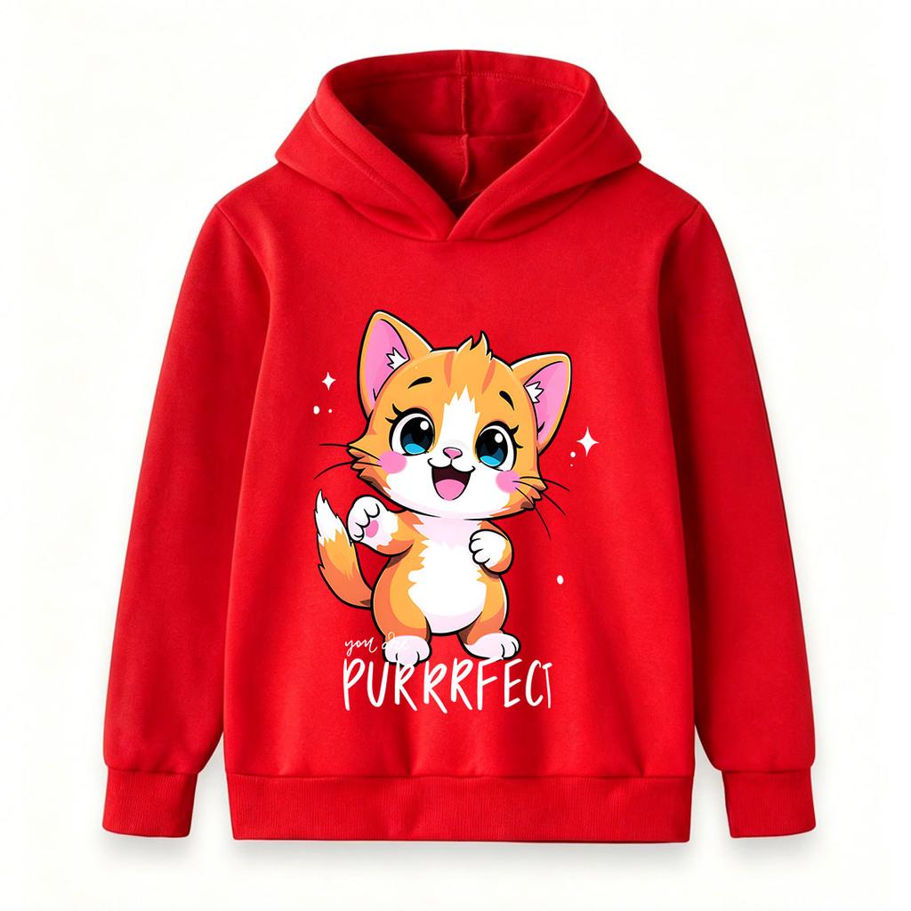 Kids Boys Girls Cute Cartoon Orange Cat Print Pullover Hoodie, Adorable Sparkly Kitten Purrfect Graphic Casual Long Sleeve Sweatshirt for Children Dai