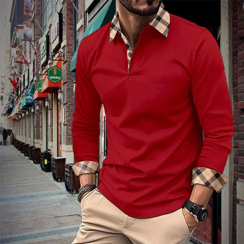Men's Long Sleeve Polo Shirt with Plaid Trim, Casual Fashion Essential