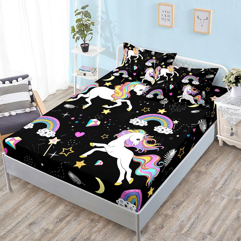Cartoon Unicorn Mattress Kit, Mattress Three-Piece Set, Bedspread, Pillowcase, Mattress Protective Cover.