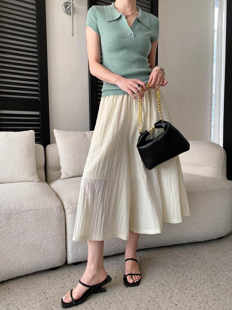 Sinan Elastic High-Waist Slimming Wide-Leg Cropped Pants with Wrinkled Texture
