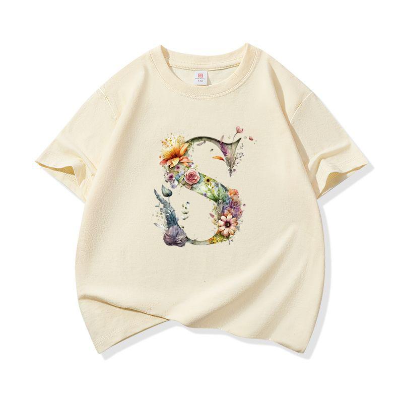 Kids Cotton T Shirt Floral Letter S Print Crew Neck Short Sleeve Tee Casual Boys Girls Summer Tops