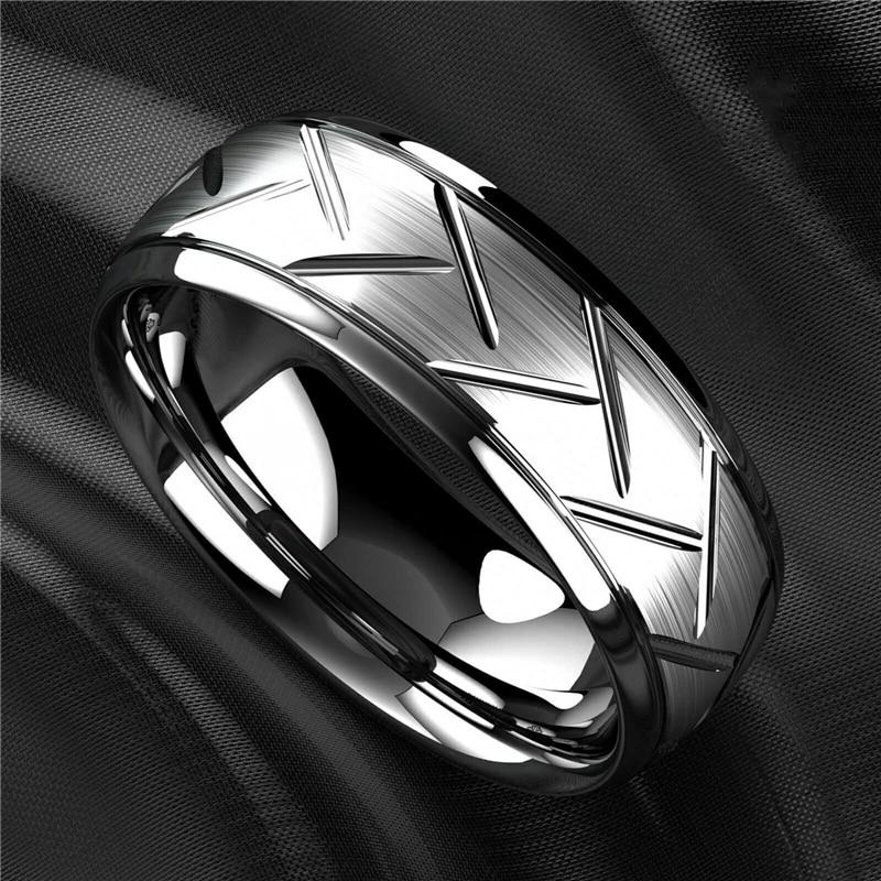 Fashion Men’s Silver Color Black Stainless Steel Ring Groove Multi-Faceted Ring For Men Women Engagement Ring Anniversary Gifts