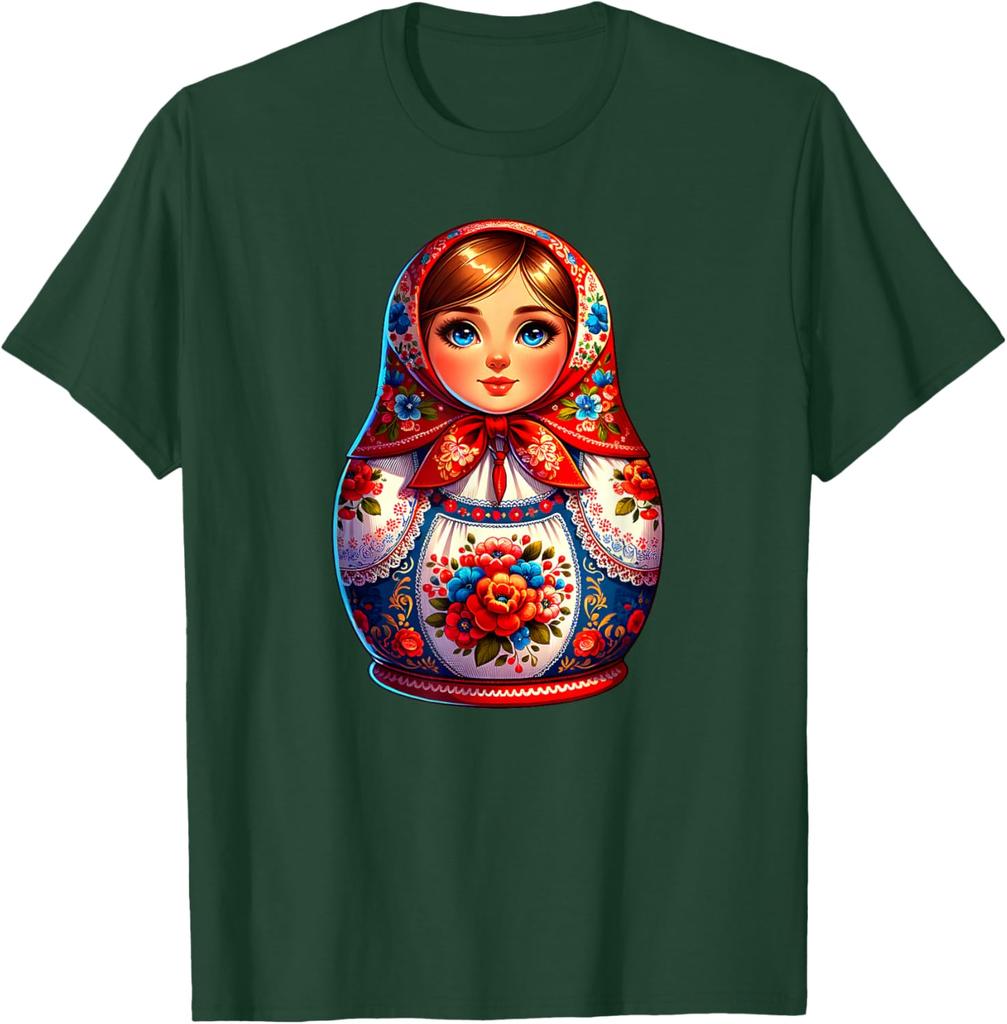 Matryoshka Doll Russian Folk Art Print Short Sleeve Graphic Tee Men Casual Breathable T-Shirt