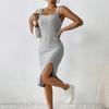 Summer Women Sleeveless Square Neck Sheath Dress Solid Color Elastic Side Split Skinny OL Commute Breathable