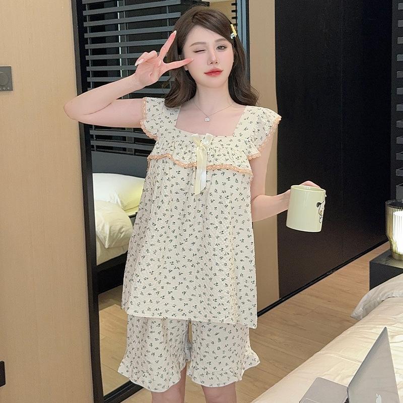 GMXIA Summer Country-style Pajamas for Women, Sweet Floral Print Home Wear, Vest, Halter Top, Shorts, Set with Chest Pad, Pajamas