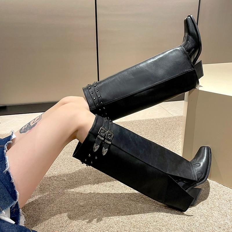 Fashion Autumn Cowboy Boots For Women Fashion Slip On Long Pipe Boots Female Square High Heel Trend Winter Footwear