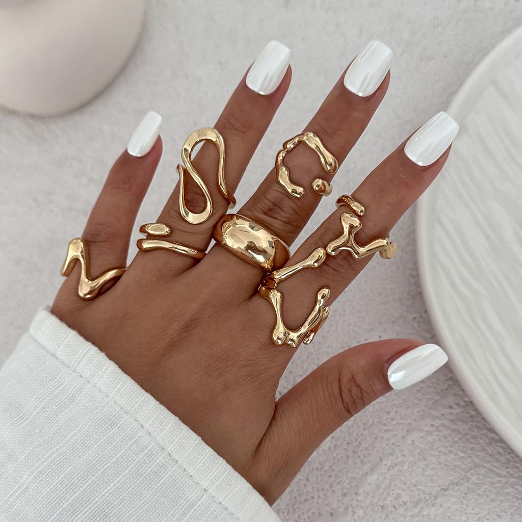 Vintage Gold Color Geometric Rings Trendy Finger Jewelry Hollow Out Adjustable Ring Set for Women Men Retro Boho Fashion Party Gift