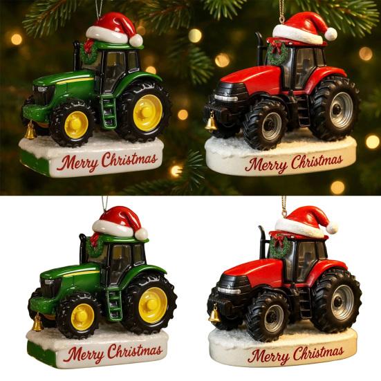 Christmas Ornament Tractor Wearing Xmas Hat Charm Festive Hanging Decoration Holiday