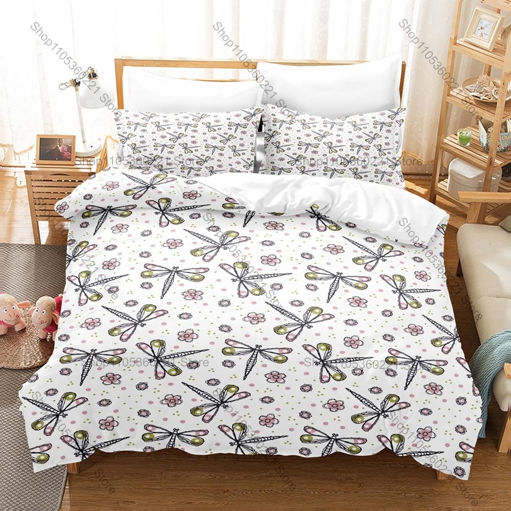 Cute Cartoon Dragonfly 3 Piece Bedding Set Soft Microfiber Duvet Cover Set with Pillowcases for Kids Bedroom Decor All Season