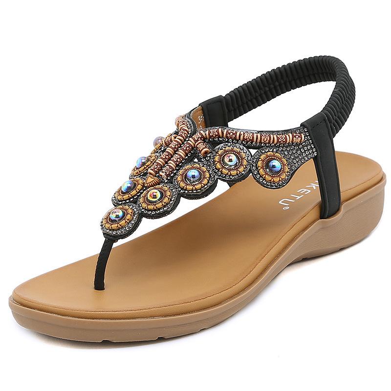 

Fashion 2025 Summer New Boho Style Clip-On Beaded Rhinestone Buckle With Elastic Heel Rubber Strap Women s Shoes Casual And Comfortable 35