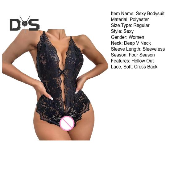 Sexy Dámské Body Průhledná vyhloubená krajka Mašlička Otevřený rozkrok Bez rukávů Sknny Nízký výstřih křížem na zádech nastavitelný popruh na špagety Svatba na líbánky