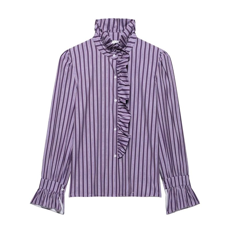 

Spring New Women s Clothing American Commute Leisure Decorated Row Button Stand Collar Half Sleeve Ruffled Silm Shirt Shirt Purple L