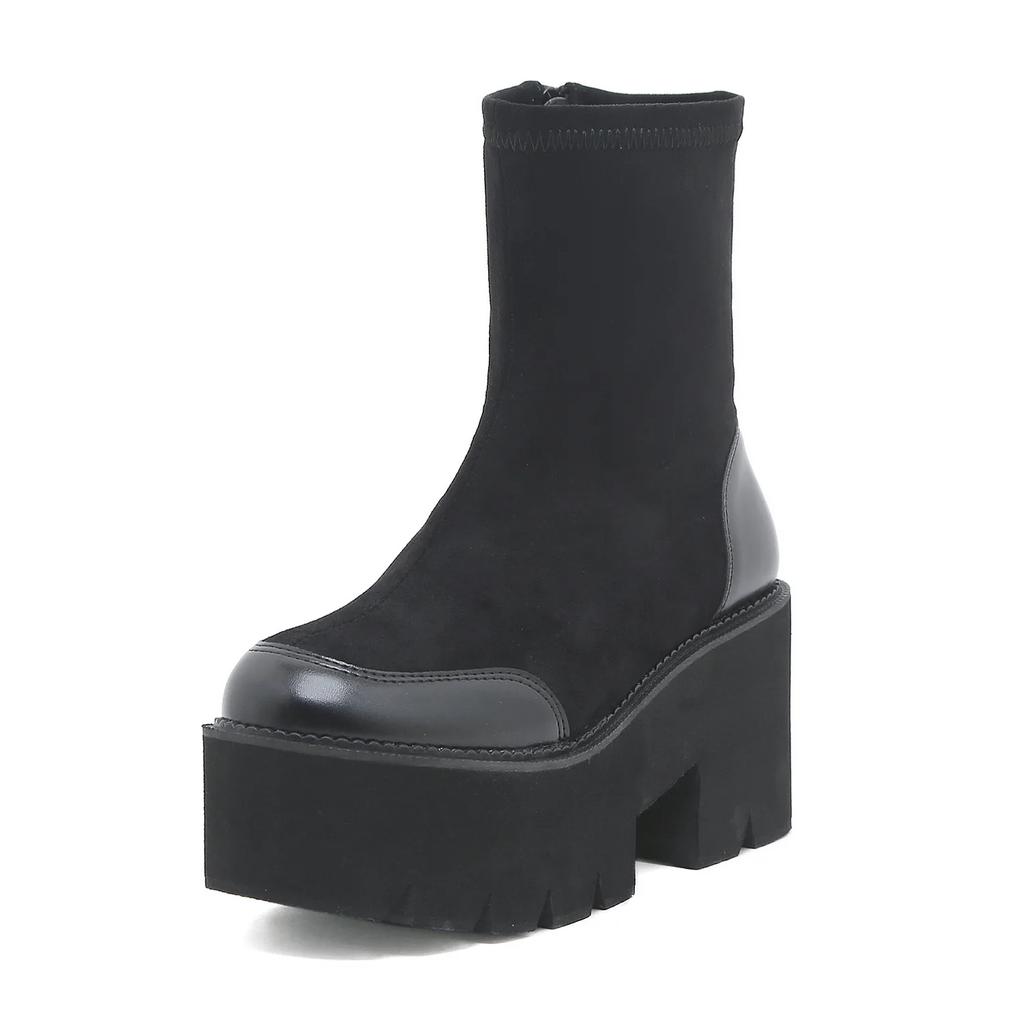 Fashion Fashion Black Ankle Boots For Women Thick Heels Spring Autumn Flock Platform Shoes High Heels Black Zipper Ladies Boots 2025