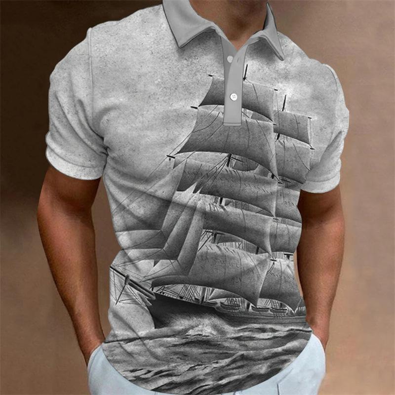 Trendy! Nautical sailing ship print short-sleeve polo shirt