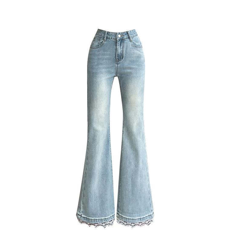 Dames Kant Patchwork Flare Jeans, Slim Fit Elastische Cropped Broek voor Lente/Herfst - Acht-Punten Show Dun Model voor Kleinere Figuren.