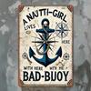 Retro Sea Girl & Bad Buoy Metal Tin Sign, Vintage Nautical Wall Art