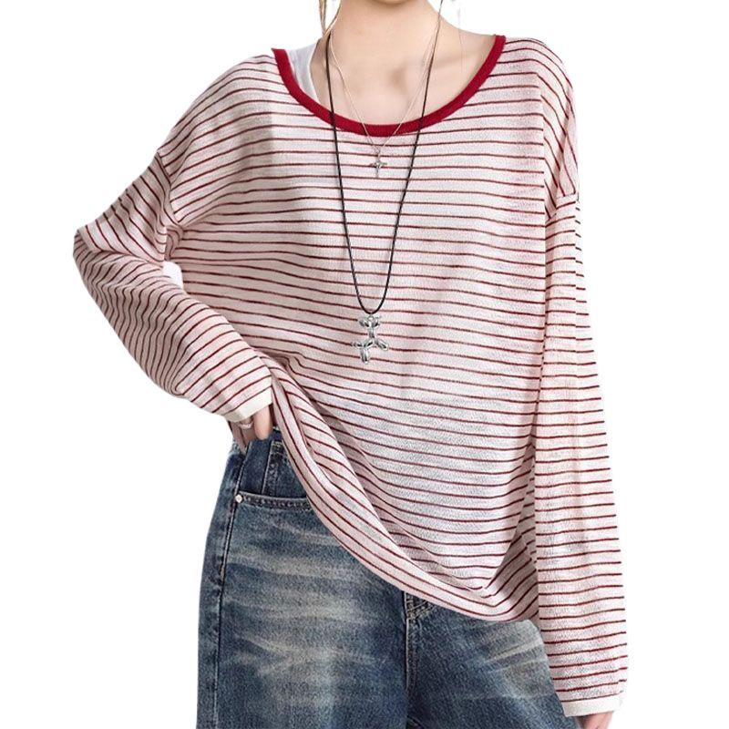 Plus Size Red Striped Backless Long Sleeve Sun Protection Women's Summer Top