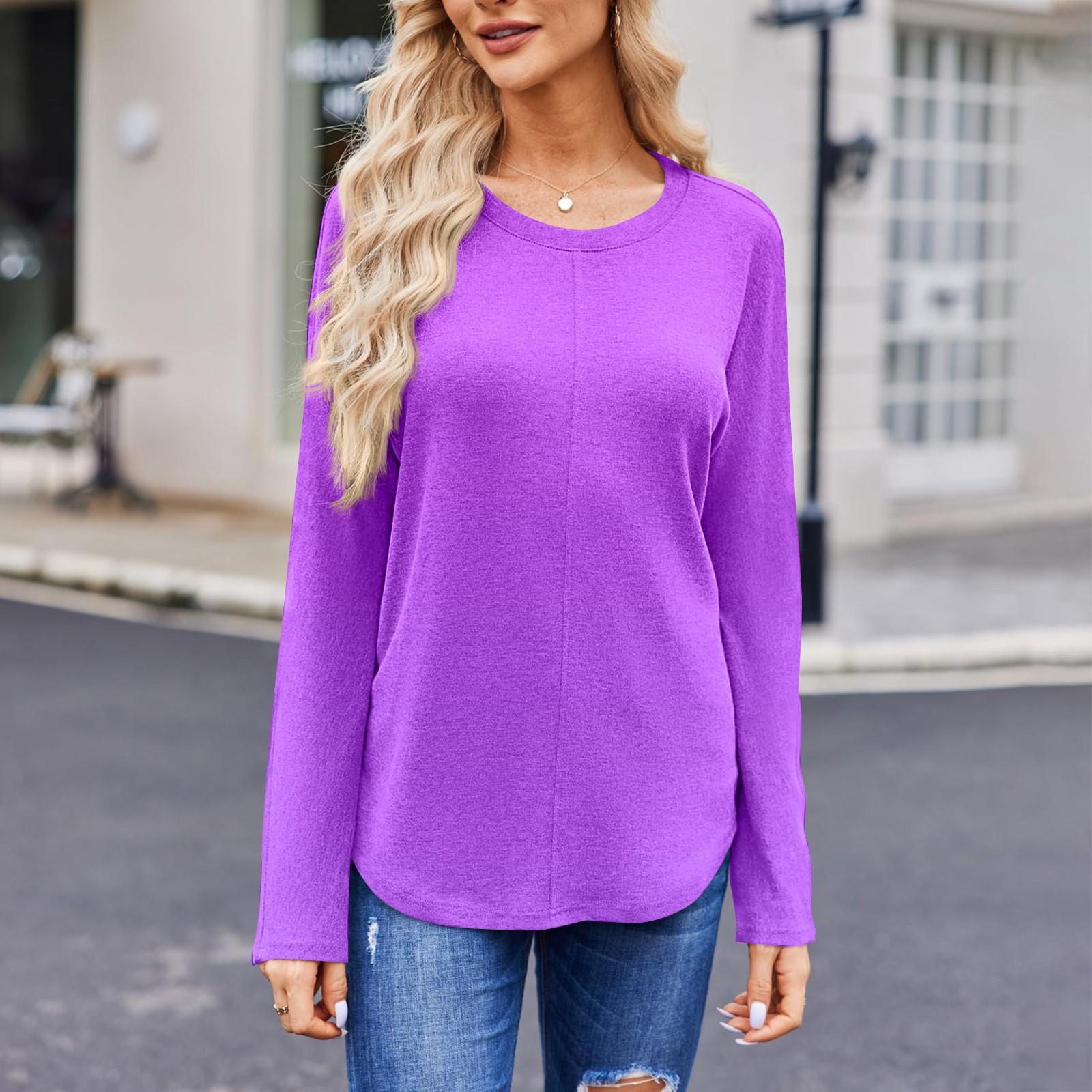 Женская модная однотонная футболка с круглым вырезом и длинным рукавом — фото 5