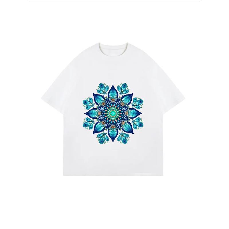 Vintage nadměrné tričko s tyrkysovým potiskem mandaly z pávího pera – Etnický styl, složitý vzorový top