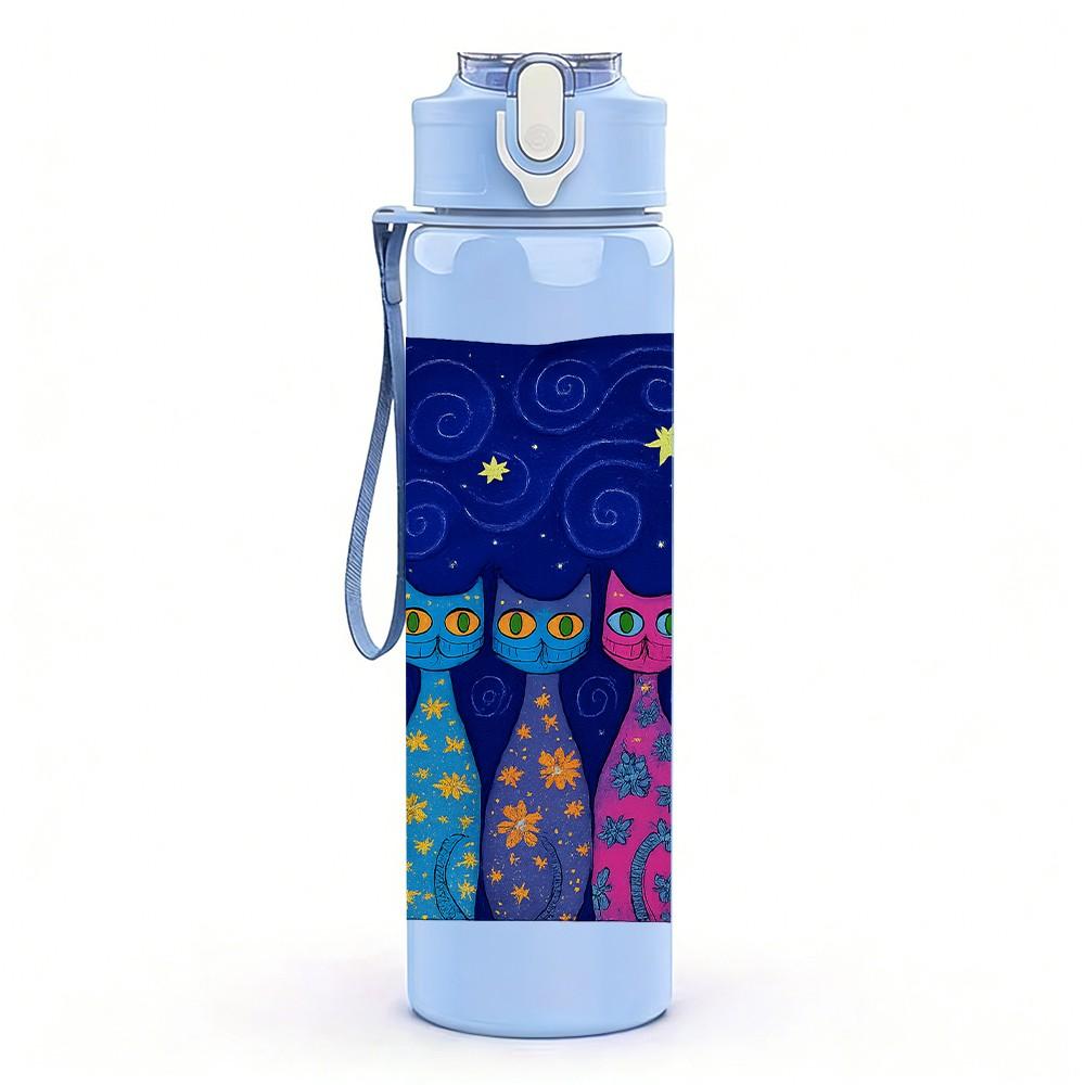 1PC Colorful Cat Tower Night Sky Pattern 750ml Color Plastic Sports Water Bottle Leakproof Flip Straw Lid Suitable for Sports Office Home Use