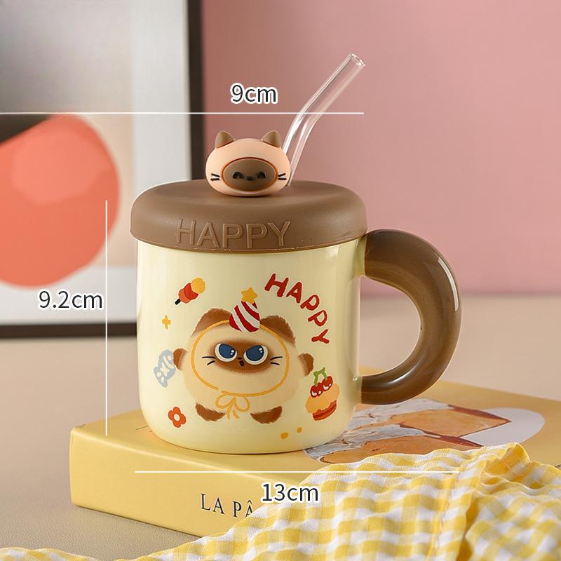 Kitten Couple Ceramic Mug with Lid Cup with Straw Water Cup Female Office Worker Cute Student Drinking Water for Home Use