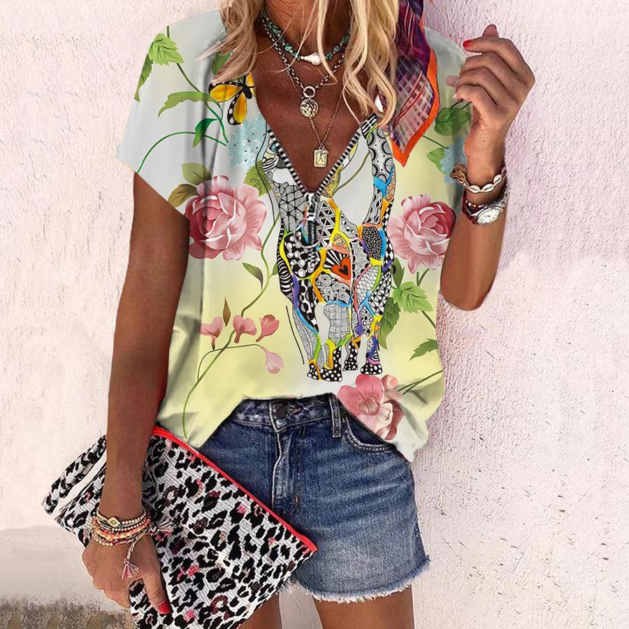 

Женский топ, летний новый модный топ с розами и различными кошками, повседневный топ на молнии с v-образным вырезом и короткими рукавами 8XL жёлтый