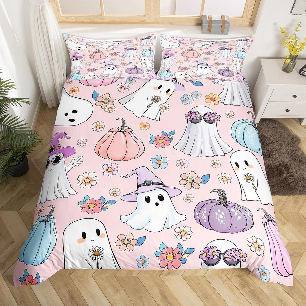 Cartoon Ghost Duvet Cover Scary Halloween Theme Bedding Set Spooky Pumpkin Comforter Cover Skull Skeleton Bed Cover Twin Queen