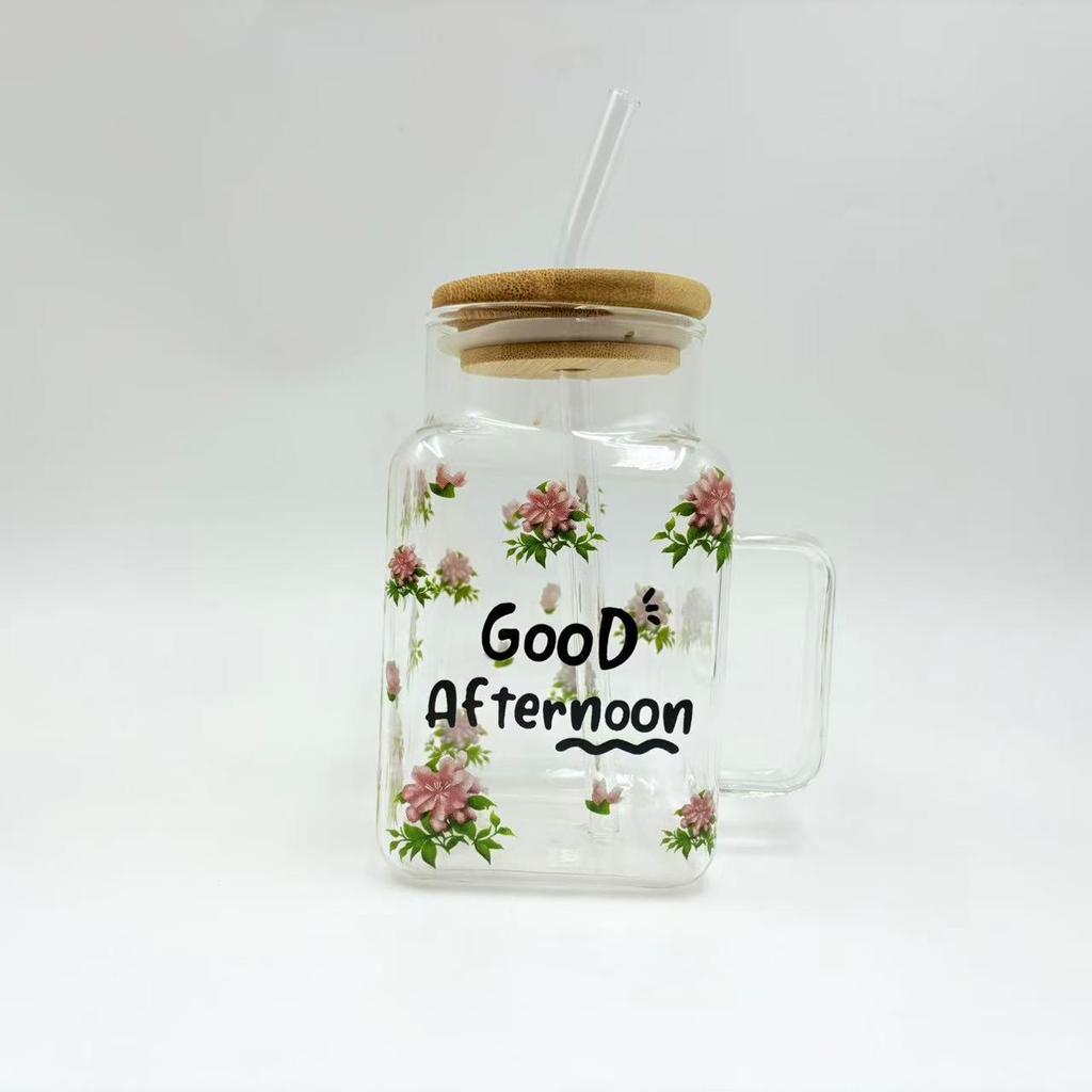 Floral Glass Straw Cup with Square Lid & Handle - High Borosilicate Transparent Design