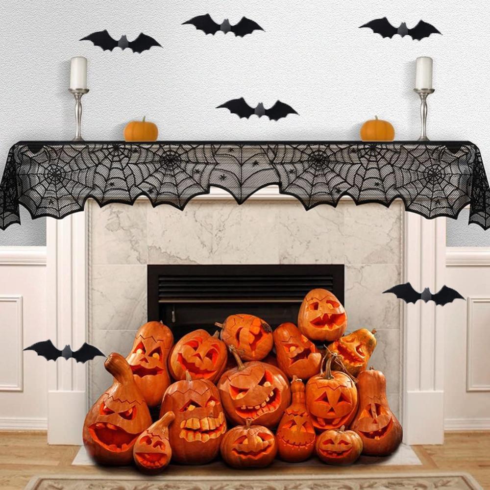 Mesh Spider Web Black Lace Table Runner with Spider Pendant Halloween Table Decoration Halloween