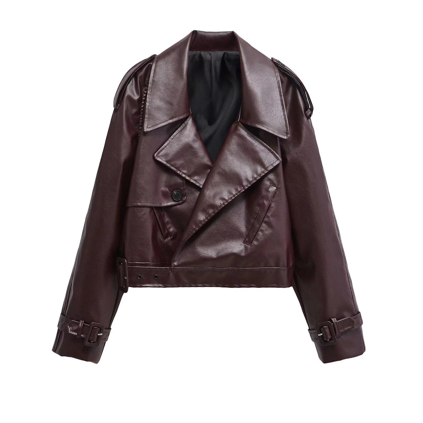 2025 Frühling Herbst Damen Retro Lederjacke, Street Style, Revers, Verstellbare Ärmel Extra Small claret