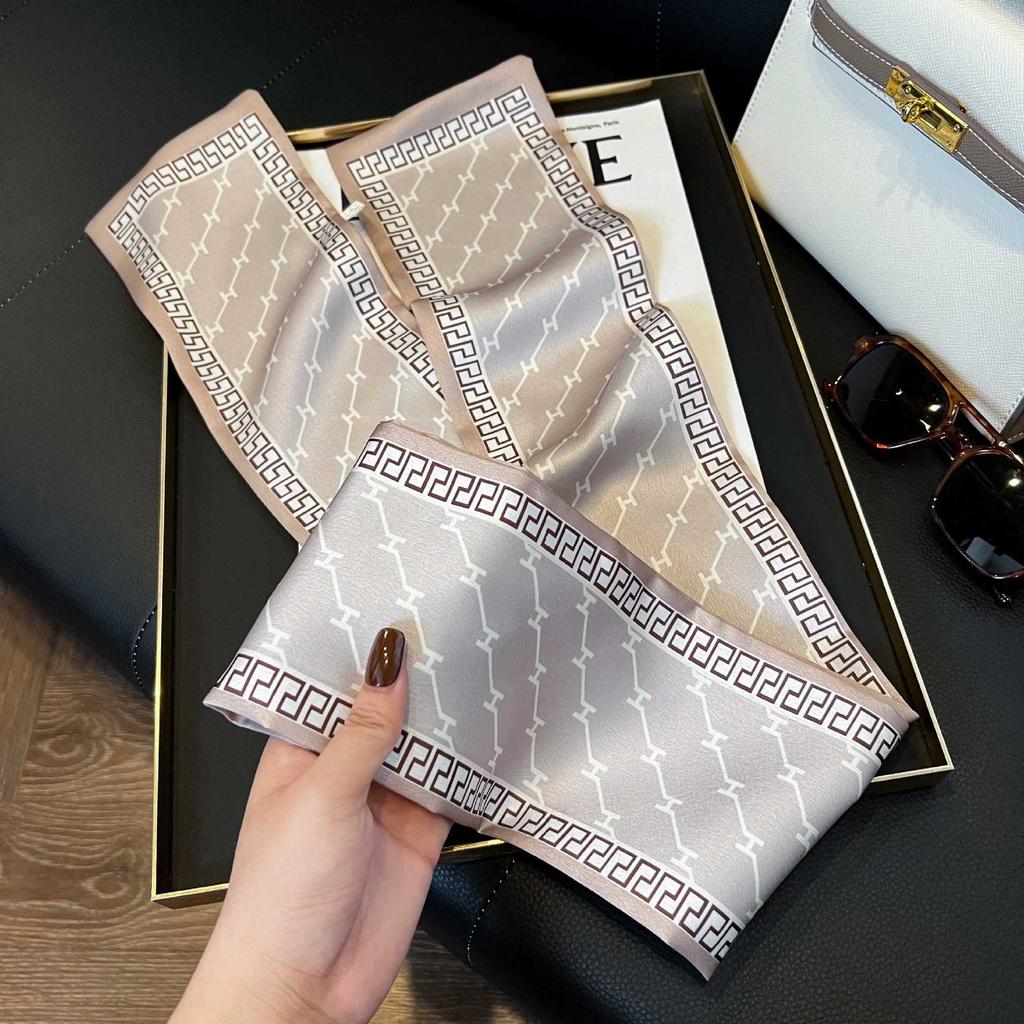 Long Silk Scarf Women's New Small Silk Scarf Printing Simulation Silk Tied Bag Streamer Explosion Sweet Little Scarf