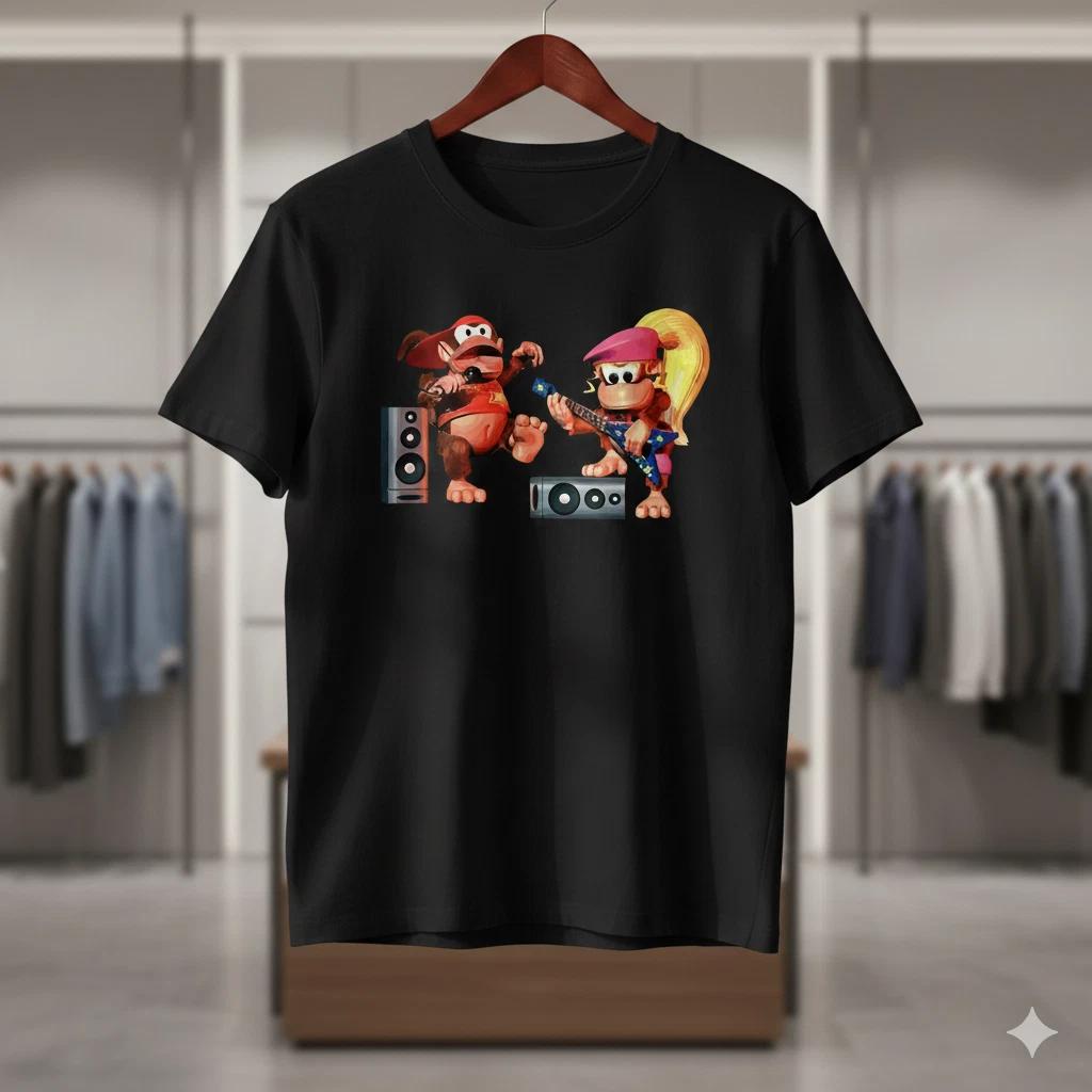 Donkey Kong & Dixie Kong Rock Band Graphic T-Shirt Black Retro Game Tee - T520 S