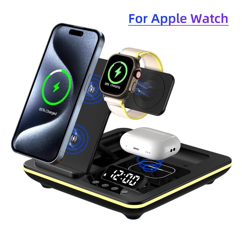 Foldable 3 in 1 Wireless Charger Station with Digital Clock Display Fast Charging Magnetic Stand