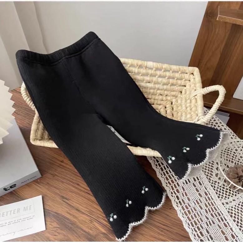 Autumn Style Baby Girl Cherry Embroidery Flared Trousers with Velvet Base Layer