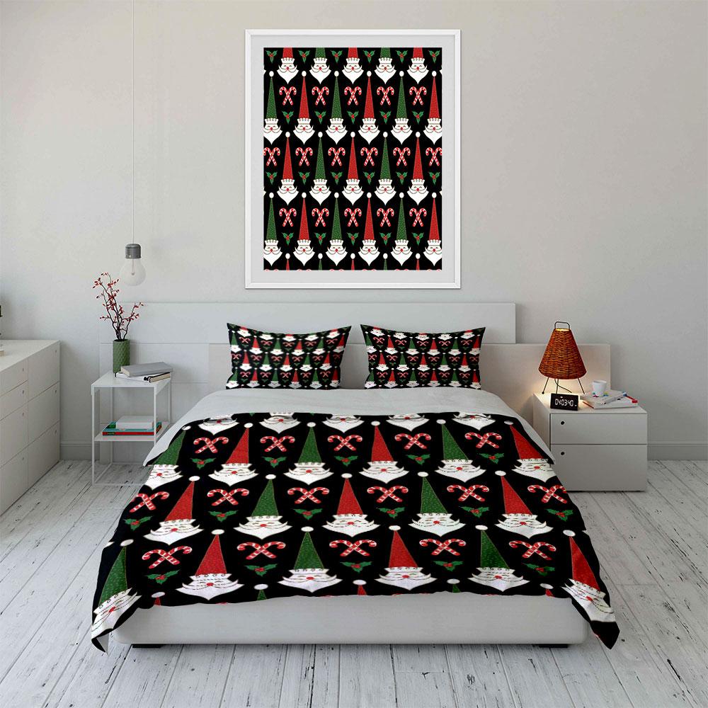 Santa Gnomes & Candy Canes Pattern Bedding Duvet Cover Set Duvet Cover Pillowcases (1*Duvet Cover 2*Pillowcases, without duvet insert)