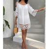 Hollow Lace One Shoulder Strap Sexy Solid Color Loose Casual Vacation Beach Sunscreen Swimsuit Cover Up