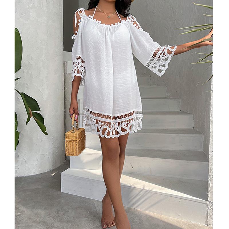 Hollow Lace One Shoulder Strap Sexy Solid Color Loose Casual Vacation Beach Sunscreen Swimsuit Cover Up
