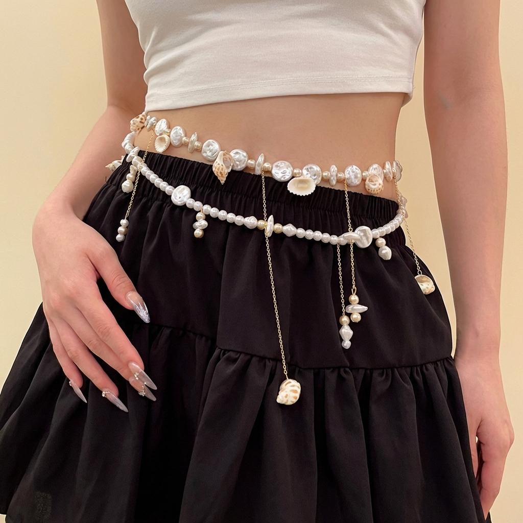 Bohemian Pearl Shell Belly Chain For Women Double Layer Conch Scallops Metal Tassel Waist Belt Summer Beach Bikini Body Jewelry
