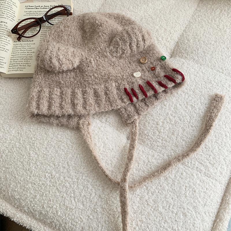 Cute Bear Hat for Women in Autumn and Winter Warm and Face Friendly Small Ear Protection Hat  Buttoned Beanie Plush and Fluffy