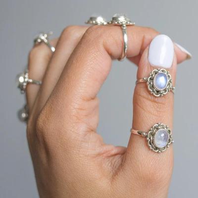 Regenbogen-Mondstein-Edelstein-Ring, 925 Sterling Silber Damenring, Boho-Ring, Stapelring, Festival-Schmuck