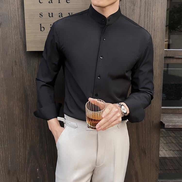Men's Spring/Autumn Collection: Chinese-Style Stand Collar Shirt Long Sleeve Solid Color Stretch Drape Shirt